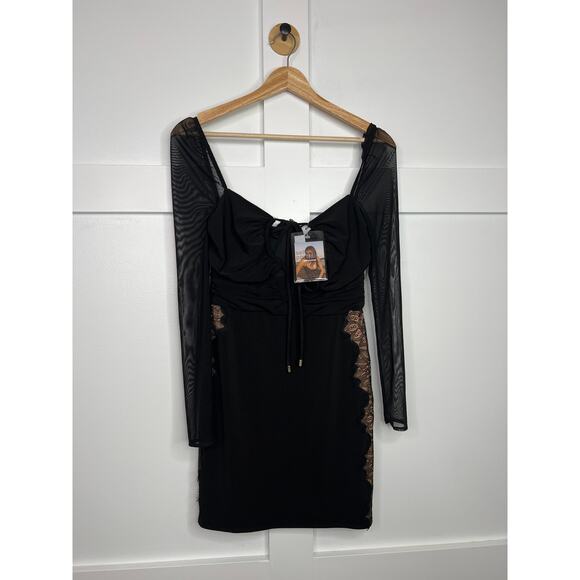 NWT Self-Portrait Long Sleeve Lace Trimmed Cutout Tie Neck Black Mini Dress - Picture 2 of 7